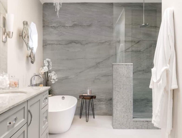 carrelage salle de baiin pierre grise mur et plancher blancs meuble sous évier gris