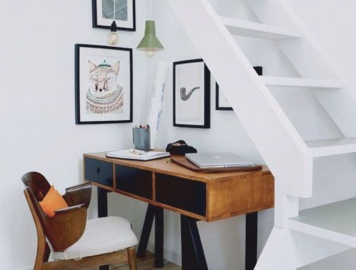 coin bureau en bois amenagé sous escalier sans contremarche blanc deco sous escalier