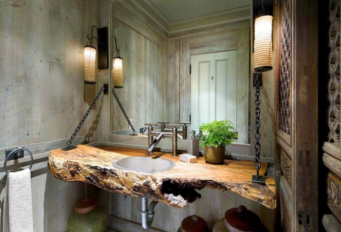 comptoir bois brut idee peinture wc robinet métal plante verte intérieur déco petit espace