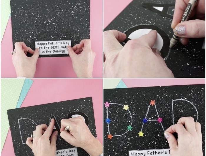 constellation carte fête des père à fabriquer dans papier noir peinture et paillettes