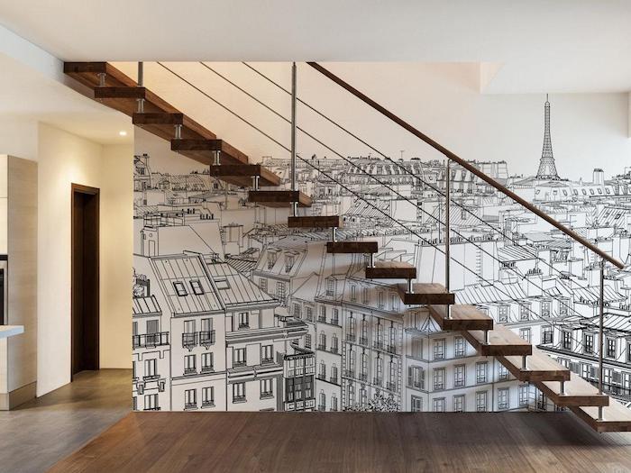 deco escalier papier peint personnalisé vue sur paris escalier en bois