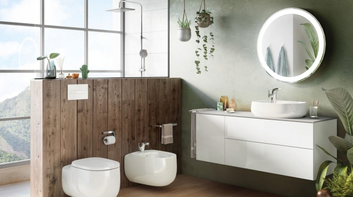 deco toilette avec fenetre design intérieur moderne conception mur vert peinture a effet