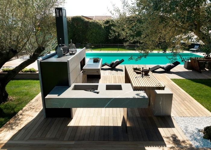 design moderne aménagement vier extérieur plan travail ilot bois bar cuisine d ete exterieur terrasse