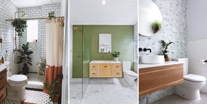 design petite salle de bain décoration nature plantes vertes d intérieur choix carrelage blanc accents or