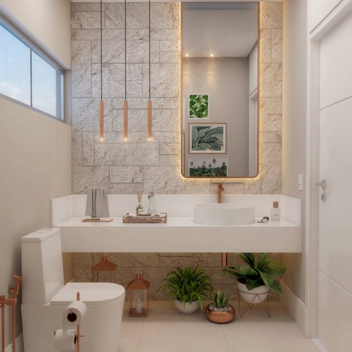 déco wc nature style moderne design cuvette wc plantes vertes lanterne décorative rose gold