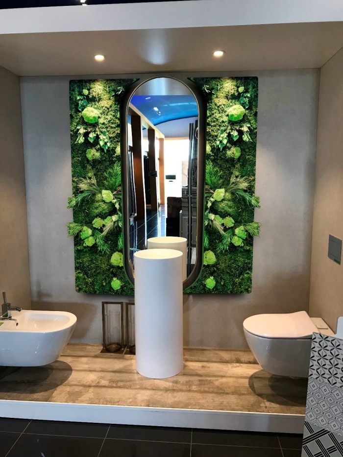 décoration toilettes cuvette wc mur végétal avec miroir ovale éclairage moderne spots led