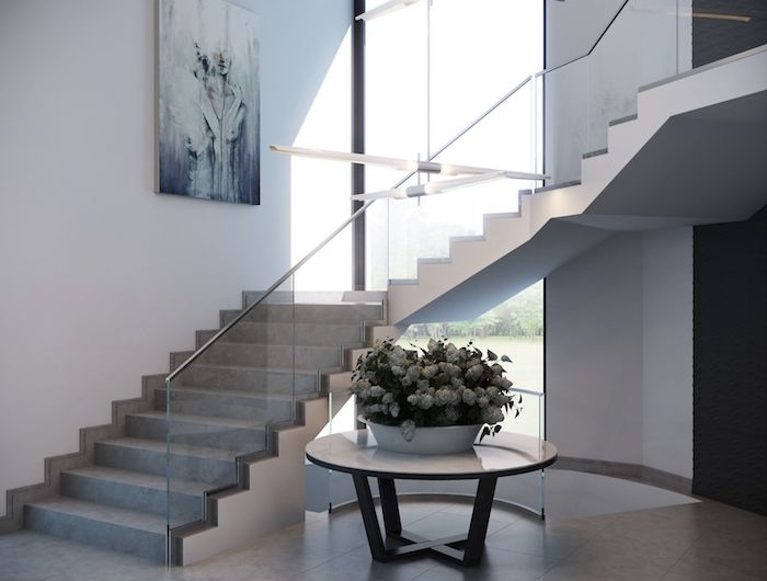 escalier gris et blanc garde corps en verre peinture moderne stylé lustres modernes épurés
