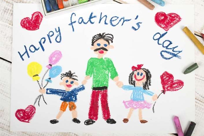 modele de dessin pour la fête des pères papa et enfants avec ballons et coeurs idee cadeau original