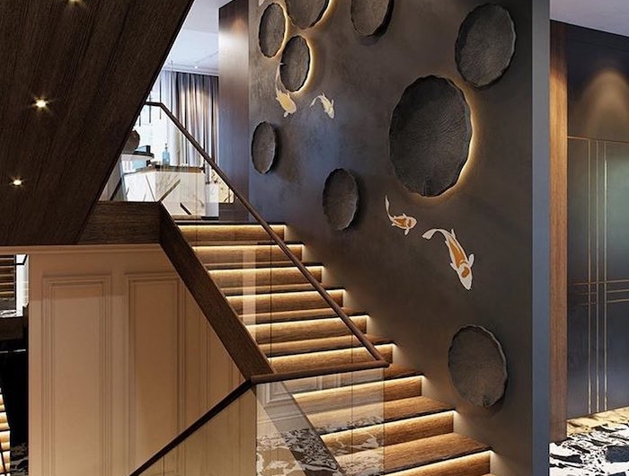moderniser un escalier en bois murs peints en noir garde corps en verre
