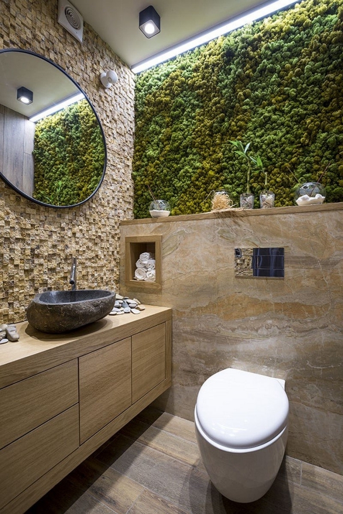 mur végétal éclairage moderne decoration wc moderne meuble sous lavabo bois sans poignées