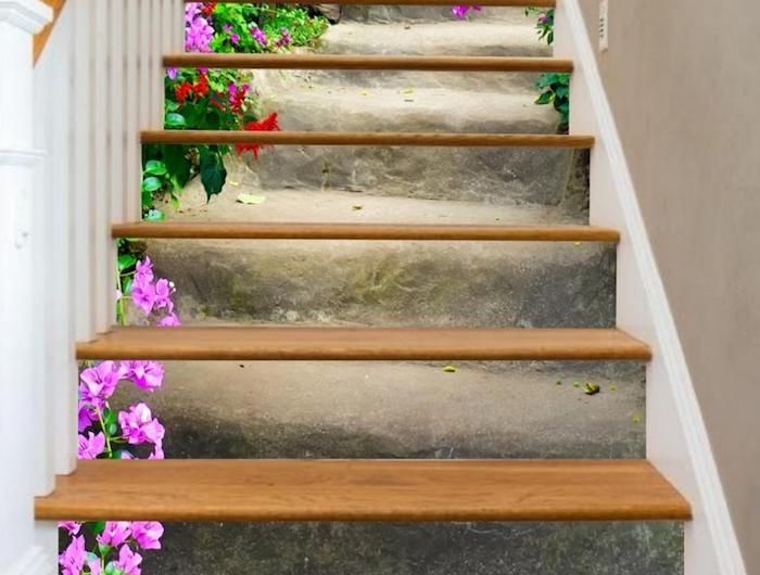 peindre escalier bois garde corps et marches en bois papier peint collé sur les contremarches