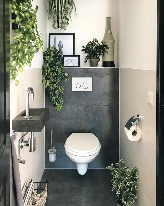 petit espace deco toilette chic dalles effet béton cuvette wc suspendue plante tombante d intérieur