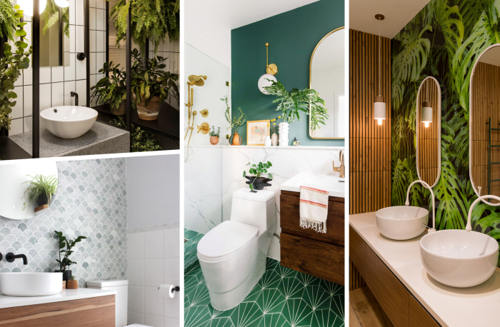 plantes vertes d intérieur revetement mural salle de bain carrelage blanc robinet noir mat éclaira miroir