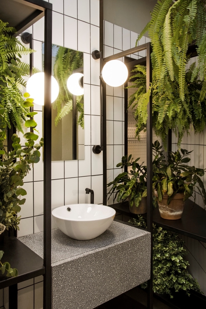rangement d angle étagère métal noir déco wc nature lavabo ovale éclairage style industriel
