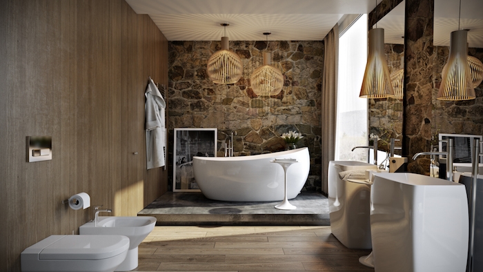 salle de bain bois et pierre en beige et blanc mur en bois et un autre en pierre