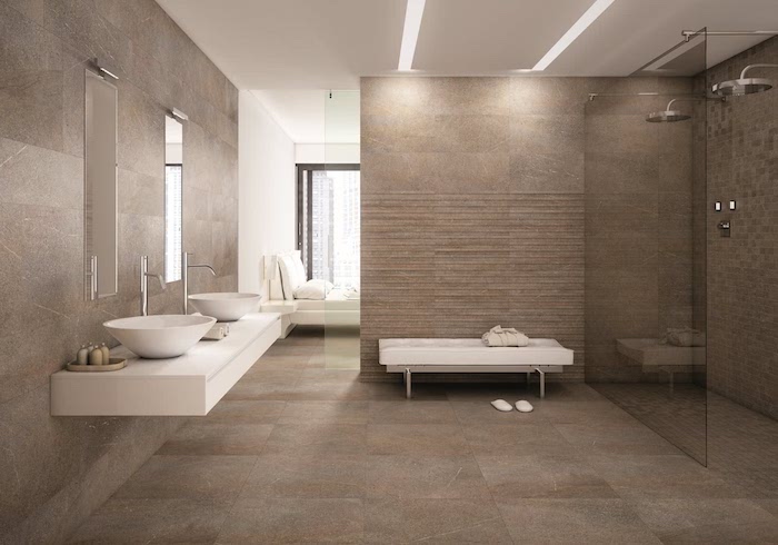 salle de bain de luxe en beige et blanc évier et douche doubles carrelage sur le sol