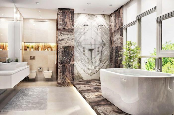 salle de bain en pierre de marbre en gris et cacao évier et baignoire en faïance
