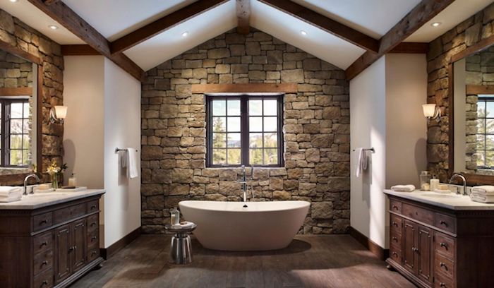 salle de bain pierre naturelle et bois murs en blancs meubles sous évier en bois