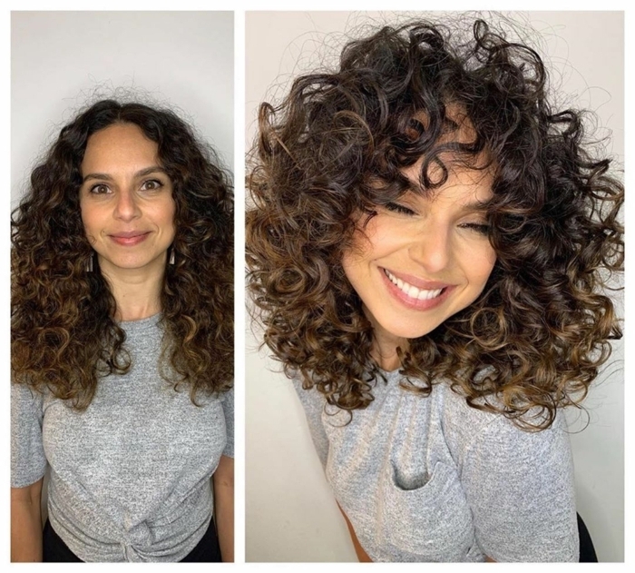 Short curly hair before and after photo of a girl who cut her hair to size