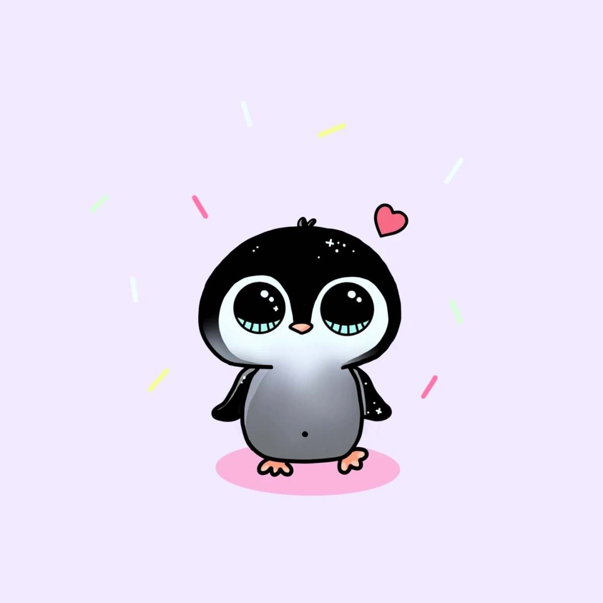 dessin facile d un pinguin mignon sur fond violet petit coeur rouge