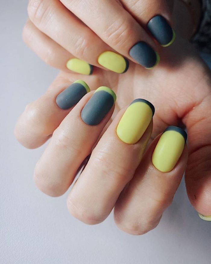 ongles courts été 2021 couleurs tendance deux mains ongles effet ombre en jaune et gris bleu