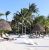 voyager au mexique idée de plage avec chaise longues et parasol de paille palmiers