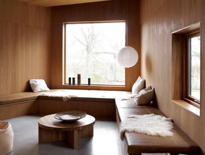 ambiance spa salon cocooning naturel revetement murs et plafond bois