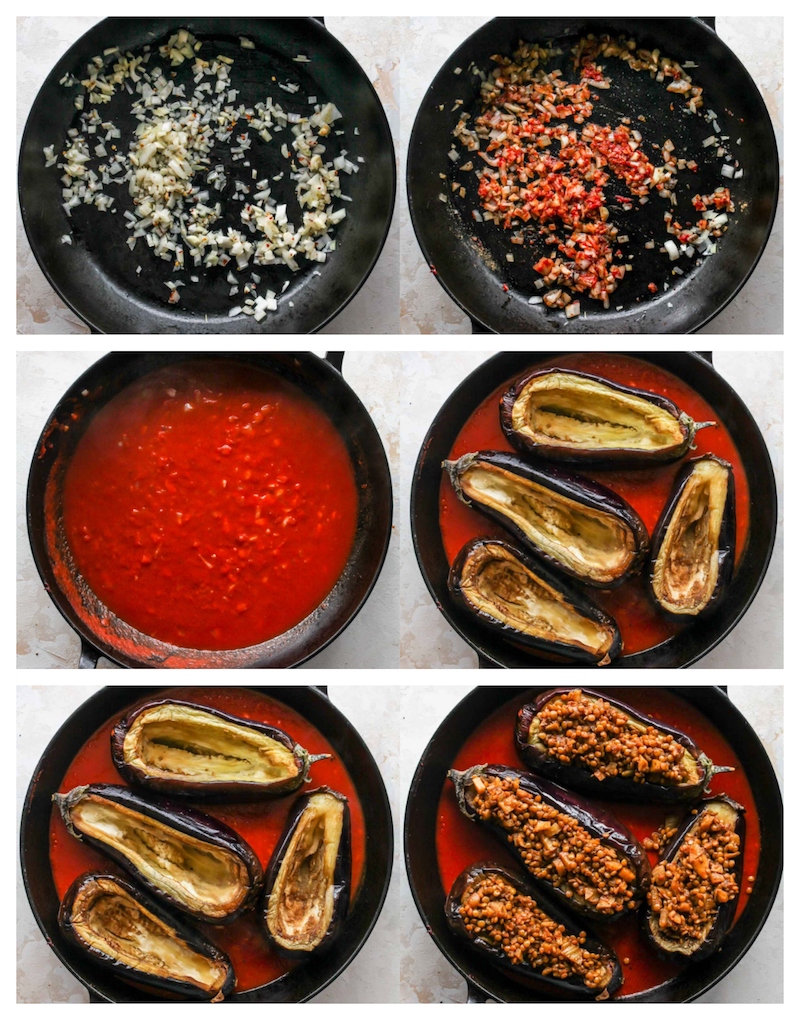 aubergine farcie végétarienne avec des lentilles à la sauce tomate maison