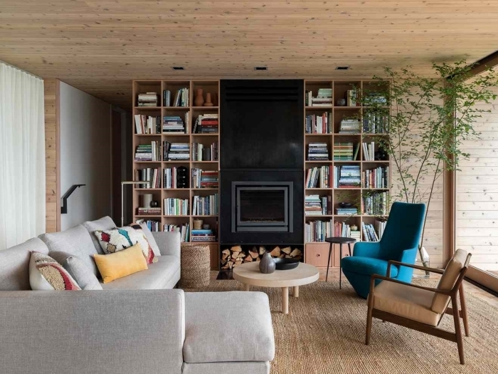 bibliothèque cheminée moderne cocooning cosy idee deco salon bois et blanc