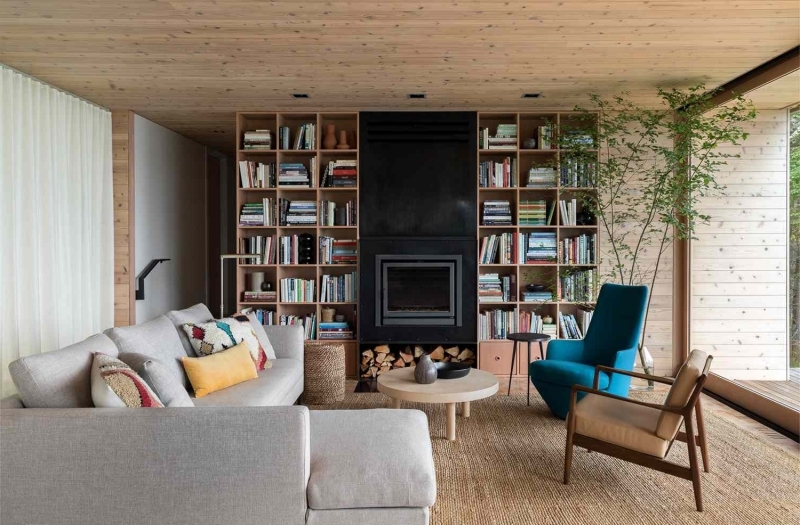 bibliothèque cheminée moderne cocooning cosy idee deco salon bois et blanc