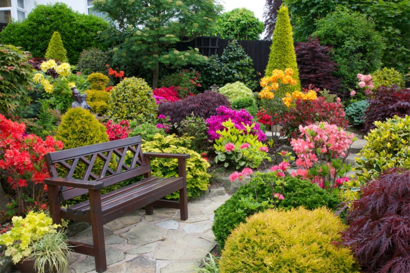 conseil jardinage un très beau jardin multicolore et une banque