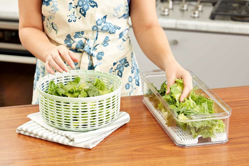 Drain the green salad storage and store the salad in a sealed container