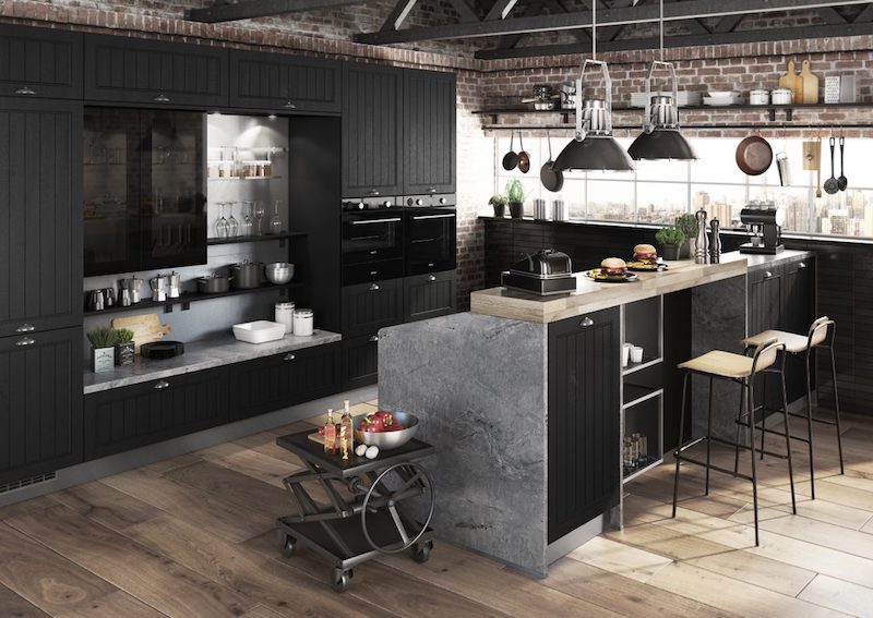 cuisine industrielle noir et bois et gris avec ilot chaises en métal et bois