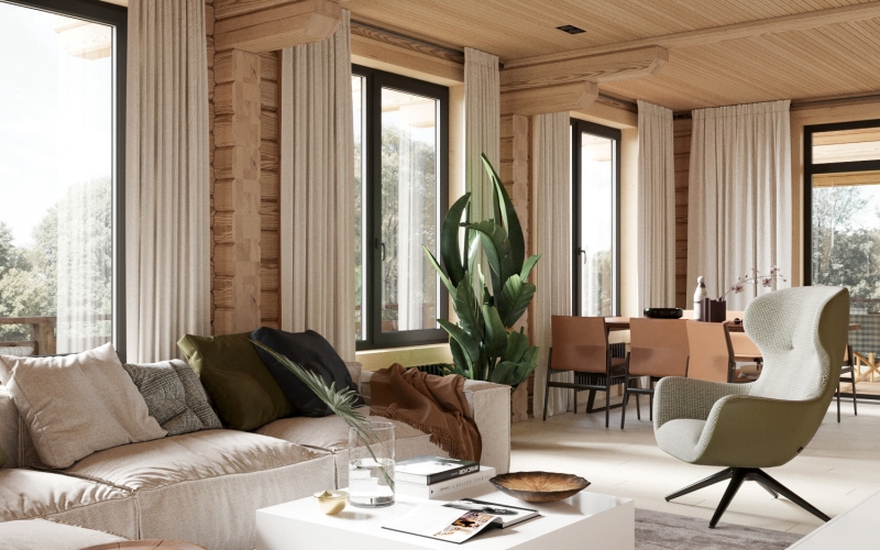 design contemporain salon cosy rideaux fenêtres revetement mural bois