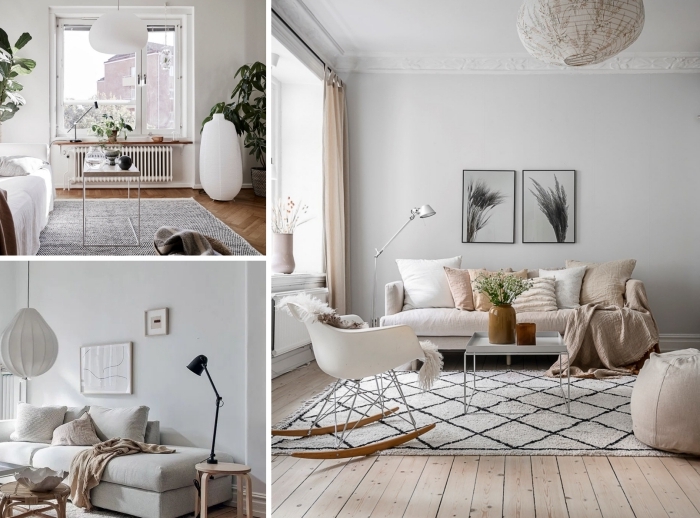 déco salon scandinave meubles en bois coussins gris plantes vertes d intérieur