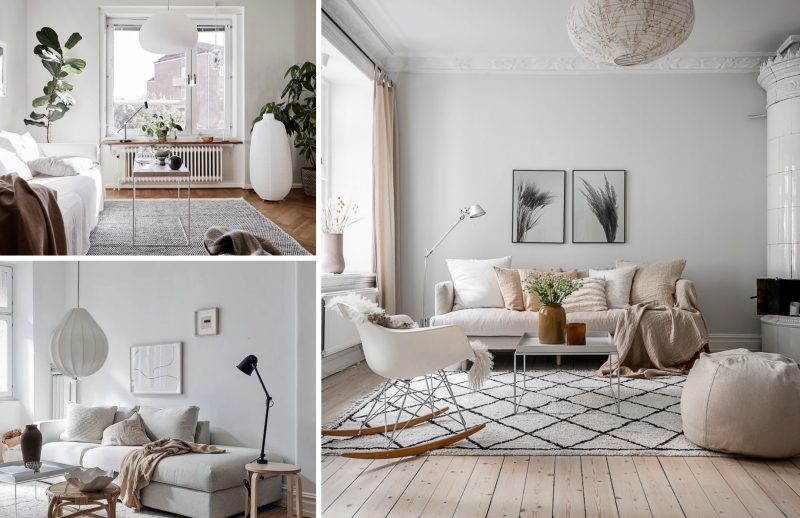 déco salon scandinave meubles en bois coussins gris plantes vertes d intérieur