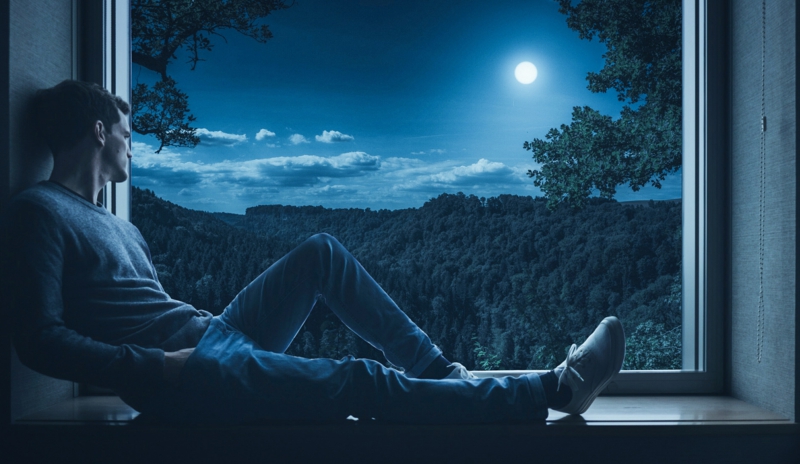 free image/jpeg resolution: 3100x1800, file size: 1.39mb, man, posing on the window at beautiful landscape of the forest in moonlight