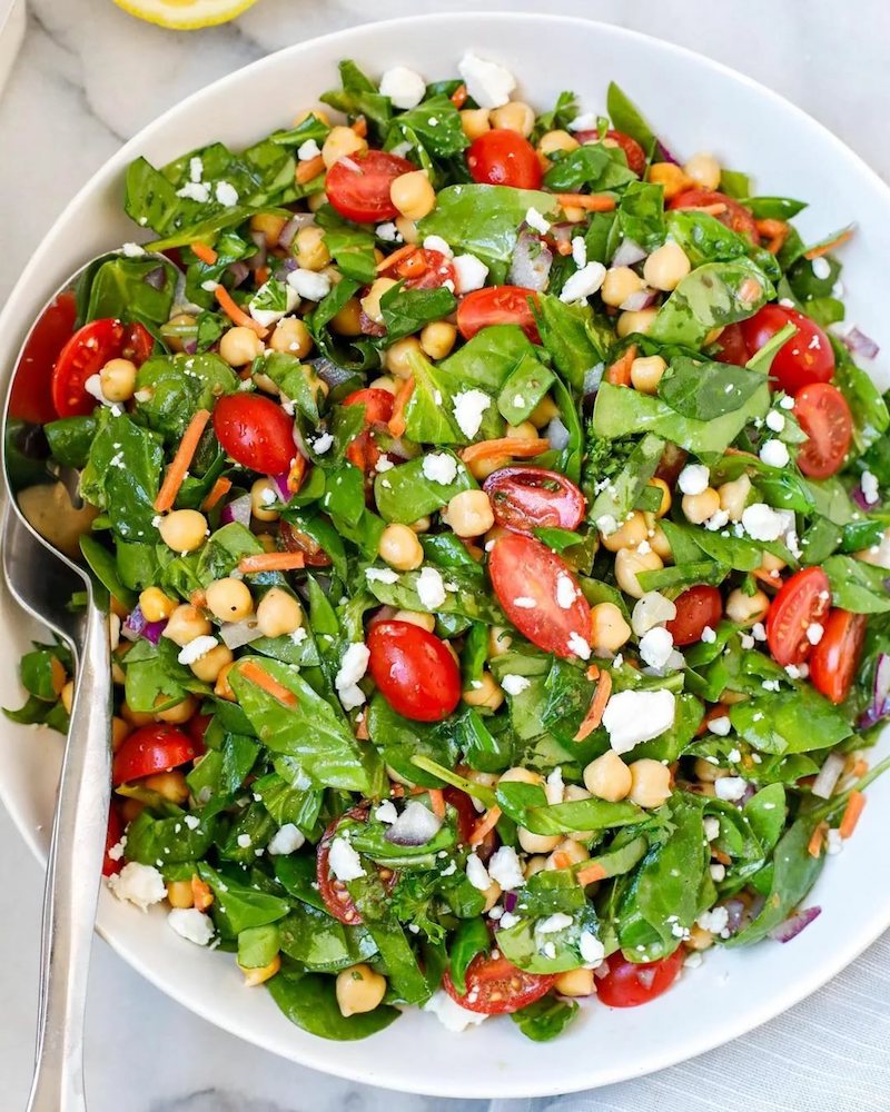 chickpea tomato spinach carrot and feta salad