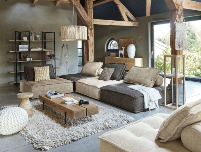 salon cosy moderne tapis moelleux beige poutres plafond bois apparent