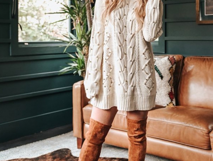 tendance tenue femme robe en tricot bottes en velours camel chapeau à bord beige