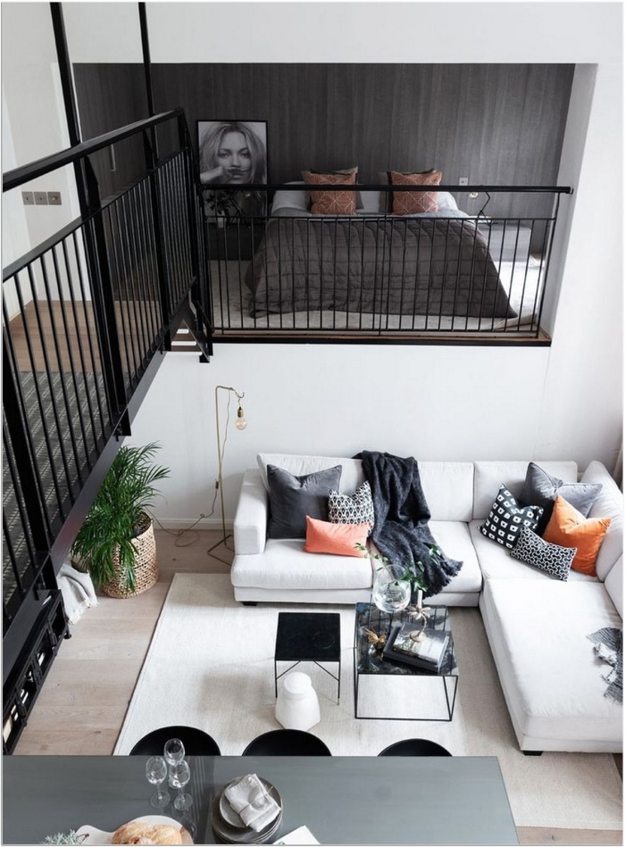 canapé d angle chambre minimaliste aménagement studio 25m2 lit