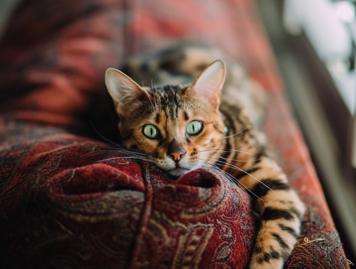 chat sur un canape rouge chat aux yeux verts