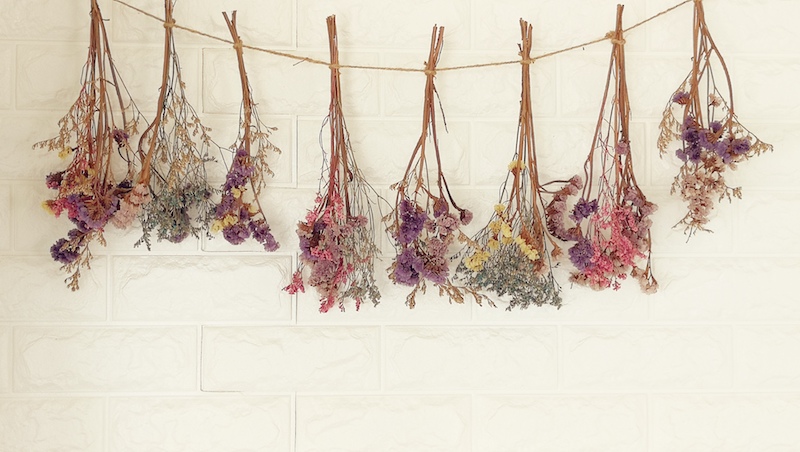 dried flowers hanging on the wall.it decoration wall of living room