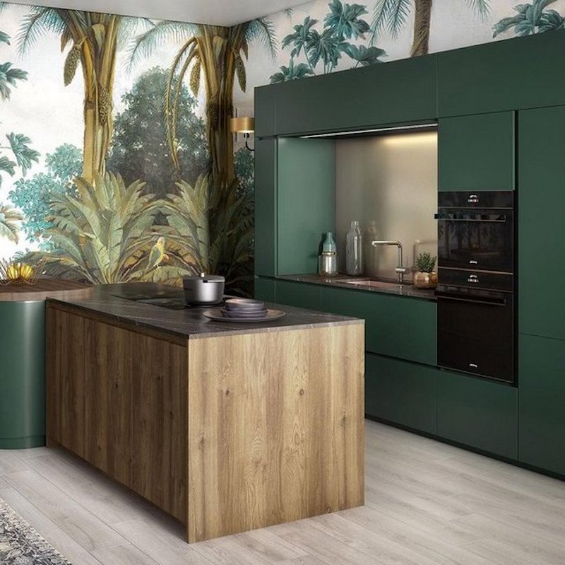 cuisine don pablo cuisine plus en vert et bois avec papier peint jungle