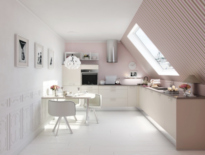 décoration cuisine sous pente kitty soft murs rose poudré