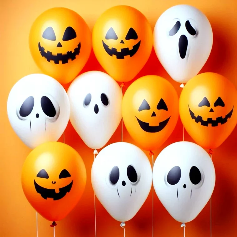 idee de decoration de hallloween avec des balons blancs et oranges