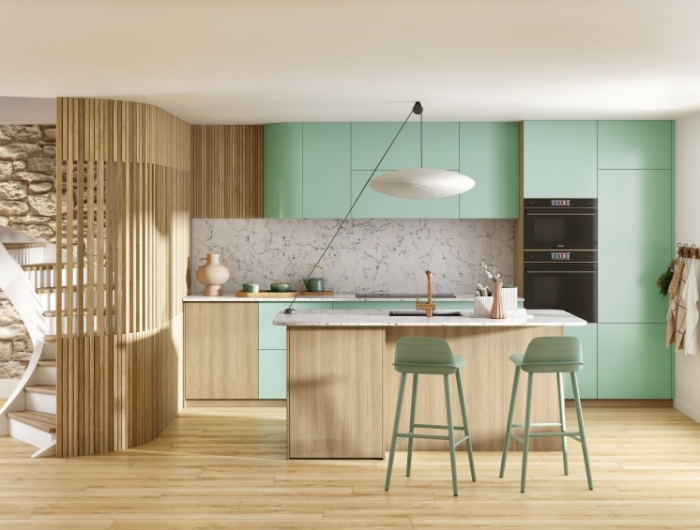 modèle cuisine electrio bois et vert îlot agencement
