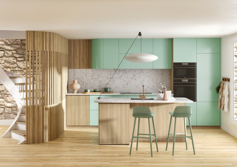 modèle cuisine electrio bois et vert îlot agencement