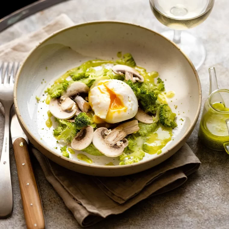 œuf poche aux légumes de saison et champignons