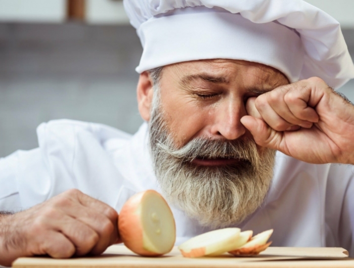 pourquoi les oignons font pleurer un cuisinier qui tranche un oignon en pleurant